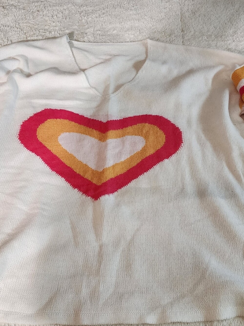 Womens White Knit Top with Pink & Yellow Heart Graphic